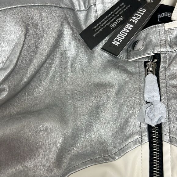 Steve Madden Helayna Faux Leather Silver/cream/black Moto jacket size small - Picture 9 of 12